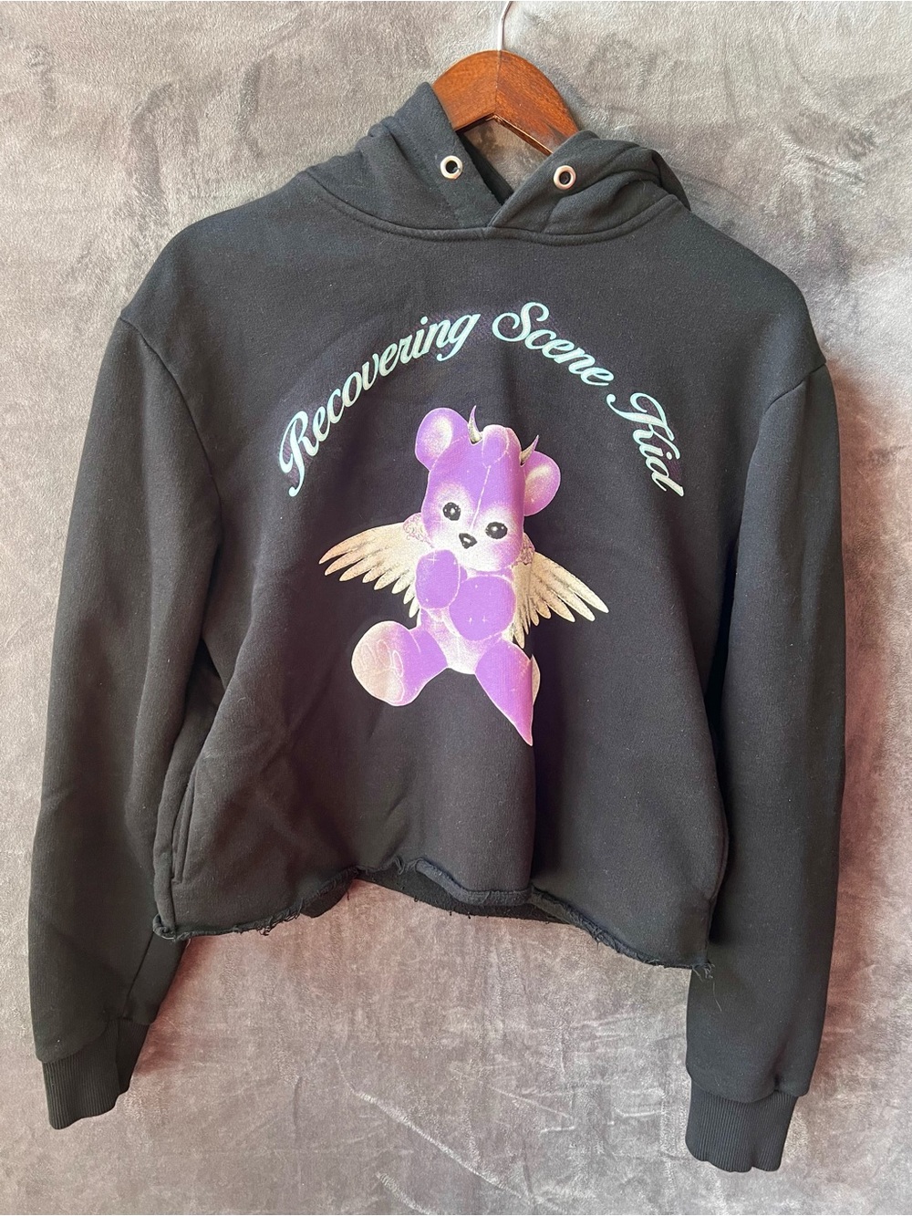 Recovering Scene Kid Black Hoodie with Purple Winged Bear Graphic